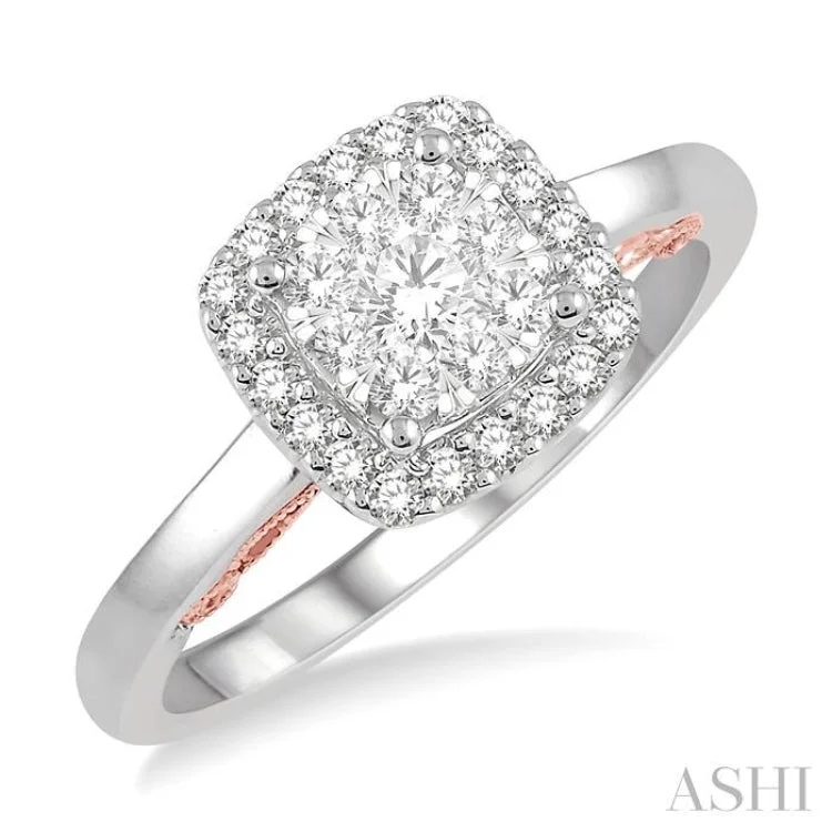 Stylish Wedding Ring Set for Couples-1/2 Ctw Cushion Shape Lovebright Round Cut Diamond Ring in 14K White and Rose Gold