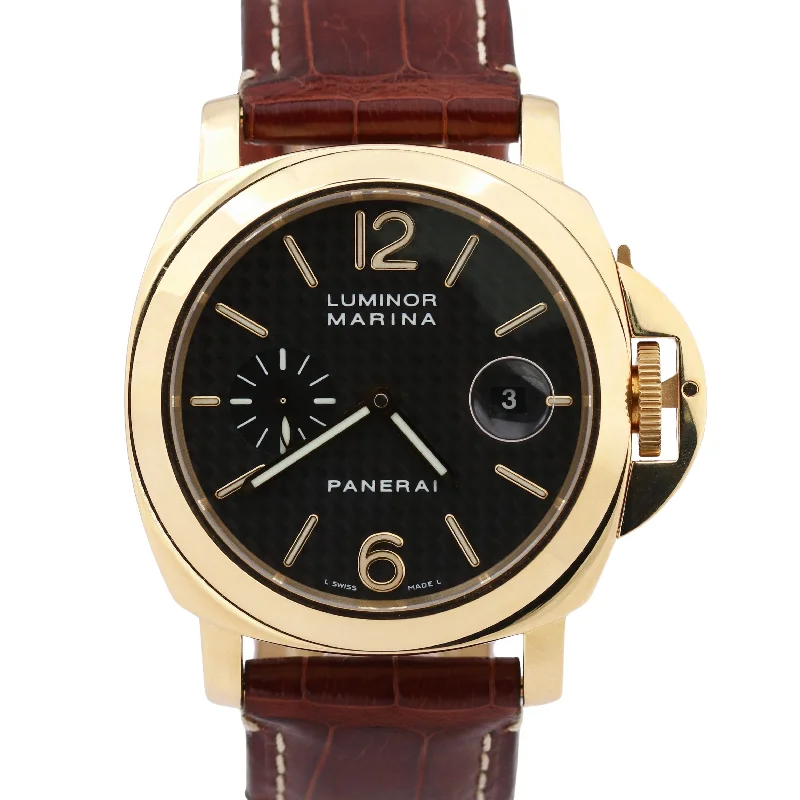 Classic Analog Watches for Women-Panerai Luminor Marina PAM00140 Black 18K Yellow Gold Brown Leather 44mm PAM140