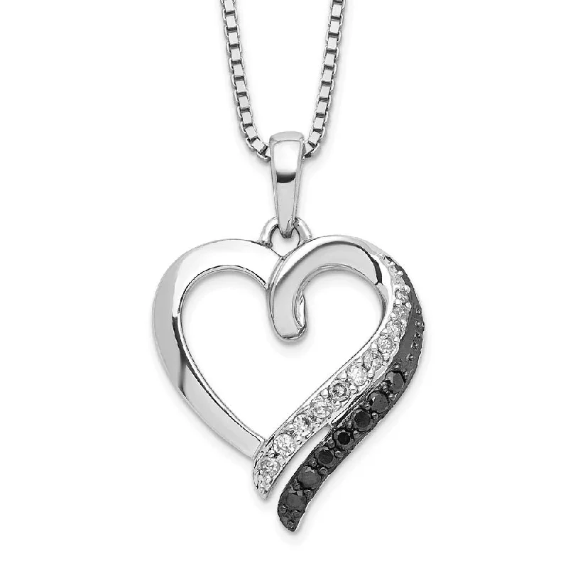 Gold Plated Necklace for Brides-1/5 Cttw Black & White Diamond 17mm Heart Necklace in Sterling Silver