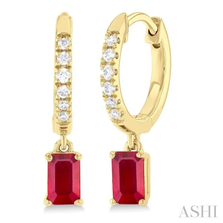 Everyday Earrings for Casual Wear-1/8 ctw Petite 5X3MM Ruby Drop and Round Cut Diamond Precious Fashion Huggies in 10K Yellow Gold