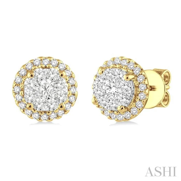 Handcrafted Silver Earrings-1 Ctw Lovebright Round Cut Diamond Earrings in 14K Yellow and White Gold