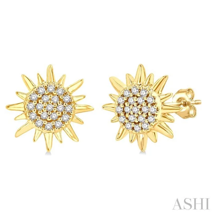 Ethnic Drop Earrings for Festivals-1/8 ctw Petite Sun Round Cut Diamond Fashion Stud Earring in 10K Yellow Gold