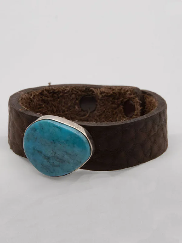 Luxury Bracelets with Diamond Accents-Kingman Turquoise + Leather Wider Bracelet by Que Chula!