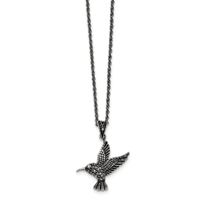 Chunky Gold Necklace for Bold Look-Marcasite Hummingbird Necklace in Antiqued Stainless Steel, 18 Inch