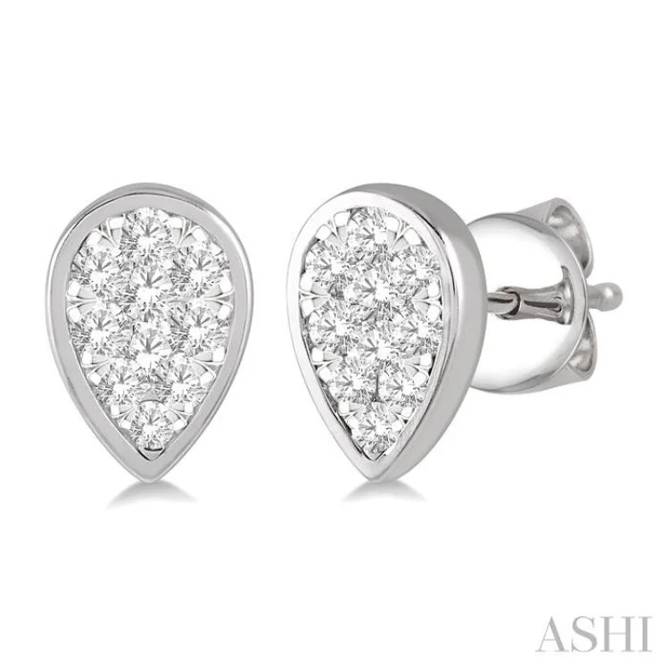 Modern Earrings for Women-1/2 ctw Pear Shape Lovebright Round Cut Diamond Bezel Stud Earring in 14K White Gold