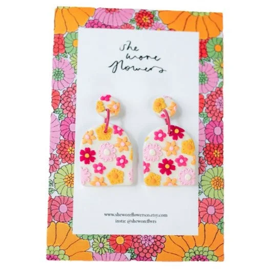 Trendy Earrings for Special Occasions-She Wore Flowers Dangles - Cream with Pink Flowers