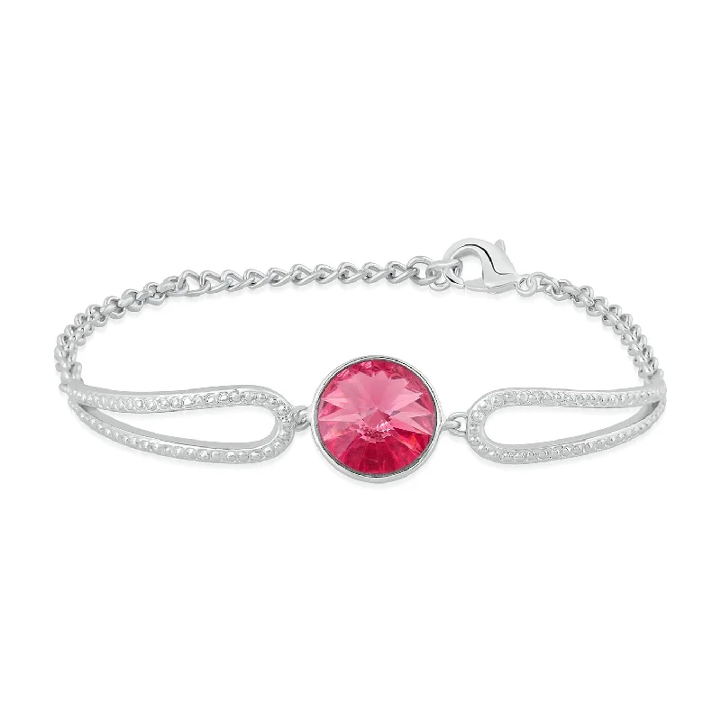 Chunky Silver Bangles for Statement Look-Mahi Rhodium Plated Solitaire Pink Crystal Adjustable Bracelet for girls and women - BR2100370R