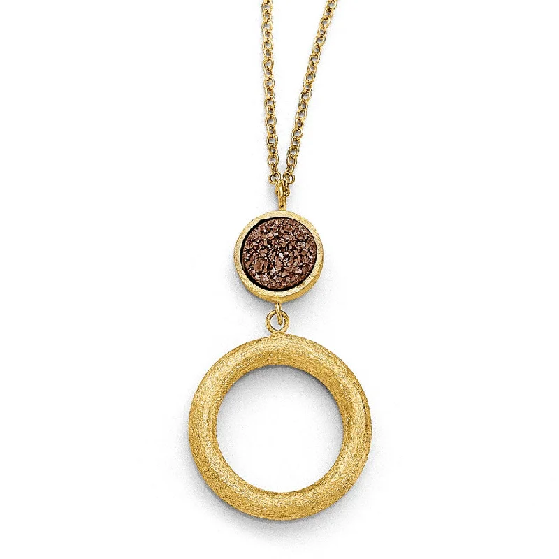 Personalized Birthstone Necklace for Mom-14k Yellow Gold Brown Druzy Disc & Open Circle Drop Necklace, 17 Inch