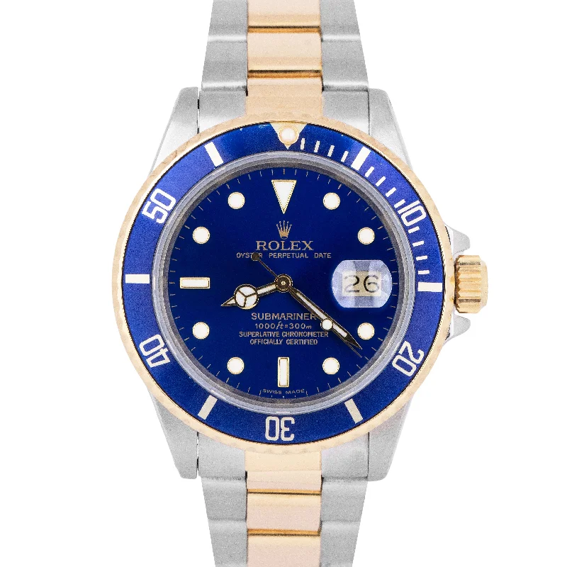 Classic Men's Watches with Round Faces-Rolex Submariner Date BLUE 18K Yellow Gold Stainless Steel 40mm 16803 Watch