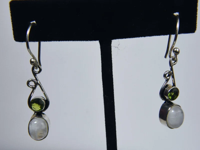 Fashion Earrings for Casual Wear-Blue Flash Moonstone and Peridot Silver Earrings