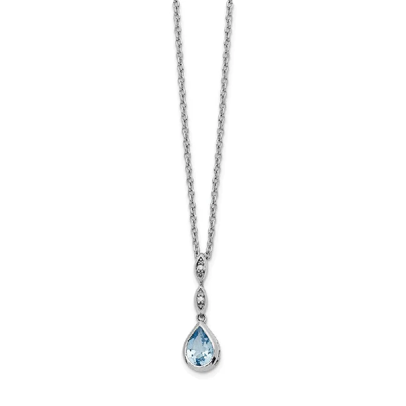 Bold Fashion Necklace for Evening Events-Blue Topaz Teardrop & Diamond Adj. Necklace in Rhodium Plated Silver