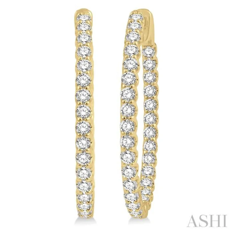 Beautiful Gem Earrings for Party-3 Ctw Inside-Out Round Cut Diamond Oval Shape Hoop Earrings in 14K Yellow Gold