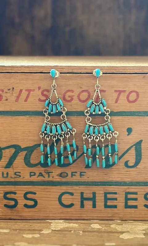 High Fashion Earrings for Women-NEEDLEPOINT Zuni Chandelier Silver and Turquoise Dangle Earrings