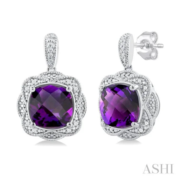 Bridal Earrings for Bride-to-be-1/20 ctw Cushion Cut 8X8MM Amethyst and Round Cut Diamond Semi Precious Earring in Sterling Silver