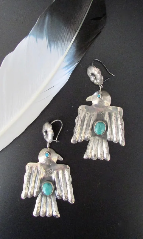 Elegant Pearl Earrings for Wedding-FEDERICO JIMENEZ Large Silver & Turquoise Thunderbird Earrings, Mexican Oaxacan