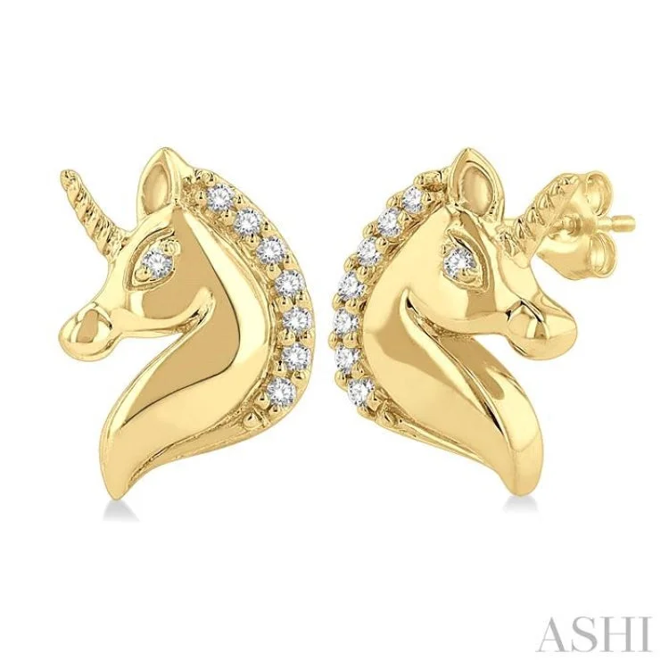 Handmade Gold Earrings-1/20 ctw Petite Unicorn Round Cut Diamond Fashion Stud Earring in 10K Yellow Gold