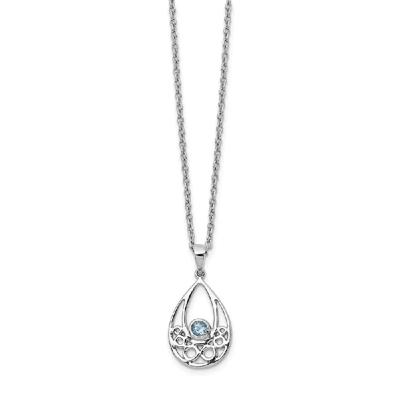 Diamond Pendant Necklace-Blue Topaz Teardrop Rhodium Plated Sterling Silver Necklace, 18-20 In