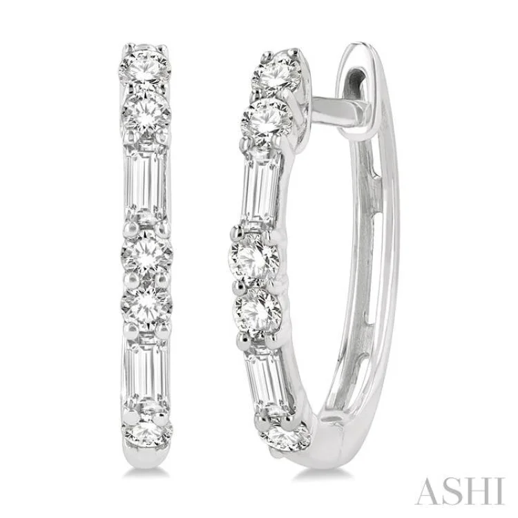 Small Drop Earrings for Casual Style-1/3 ctw Baguette and Round Cut Diamond Petite Huggies in 14K White Gold