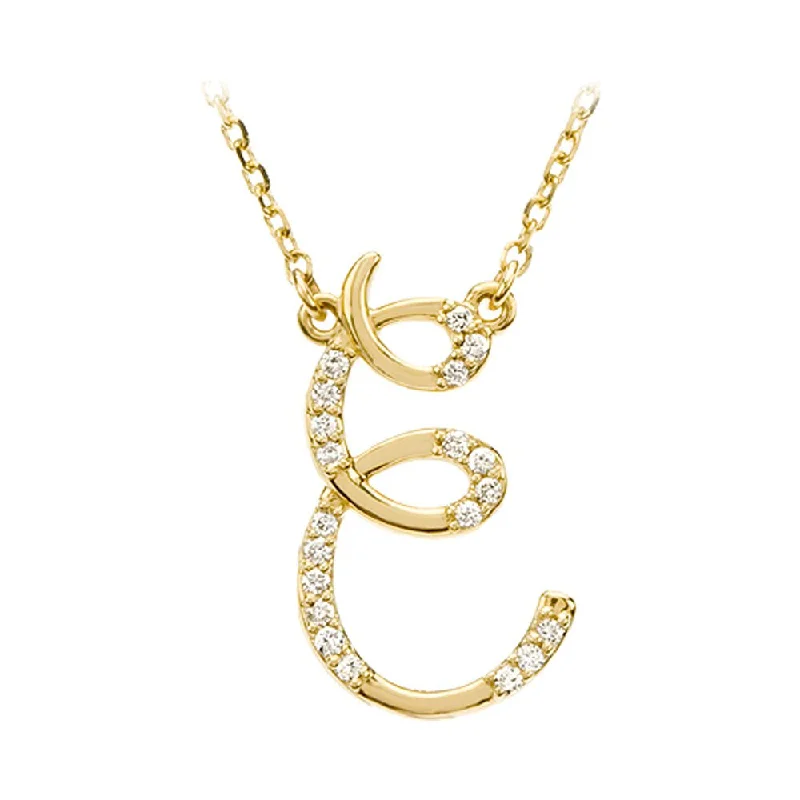 Custom Necklace for Special Celebrations-1/10 Ctw Diamond 14k Yellow Gold Medium Script Initial E Necklace 17in