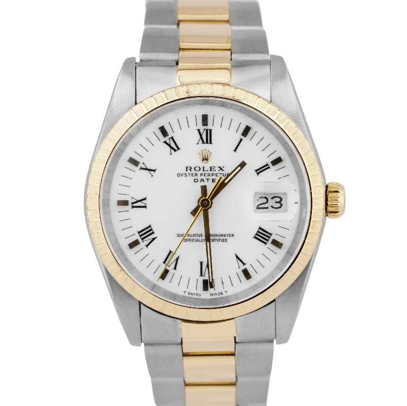 Classic Watches with Silver Bracelet for Women-Rolex Oyster Perpetual Date 34mm White Two-Tone 18K Gold Steel Watch 15053