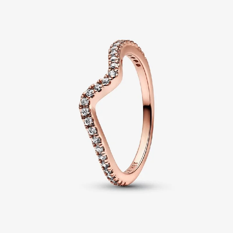 Classic Diamond Ring for Engagement-PANDORA : Sparkling Wave Ring - Rose Gold Plated