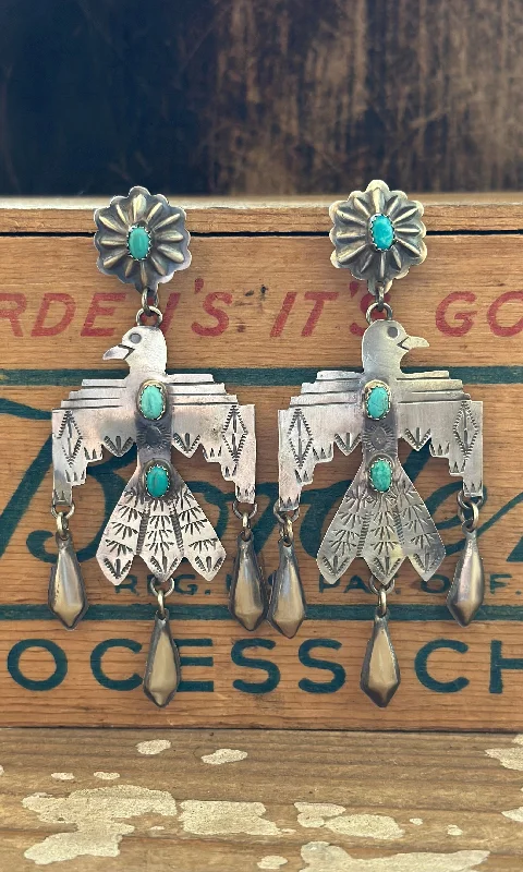 Chic Gemstone Earrings-THUNDERBIRD LJC Sterling Silver and Turquoise Navajo Statement Earrings