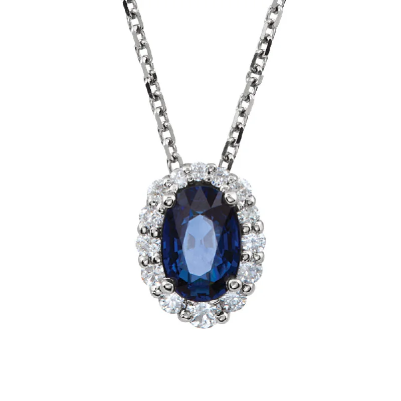 Choker Necklace with Charm-Oval Blue Sapphire &1/6 Ctw Diamond Halo 14k White Gold Necklace 18 In