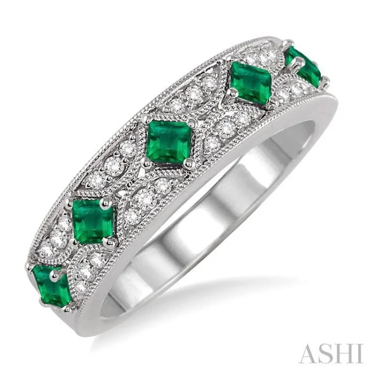 Elegant Gold Ring for Brides-2.5 mm Princess Cut Emerald and 1/6 Ctw Round Cut Diamond Band in 14K White Gold