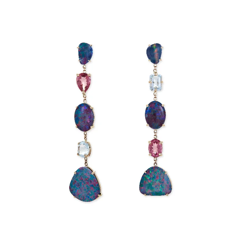 Luxury Gold Earrings for Women-OPAL, AQUAMARINE + PINK TOURMALINE EARRINGS