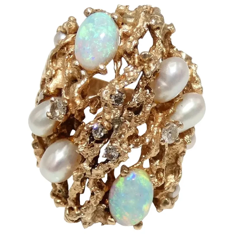 Vintage Gold Ring for Special Occasions-14K Gold Cultured Pearls, Diamonds & Opals Custom Ring