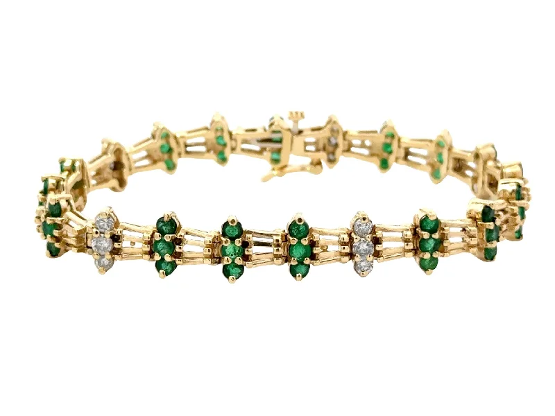 Classic Silver Bangle for Elegant Look-Emerald and Diamond Link Bracelet 14k Yellow Gold