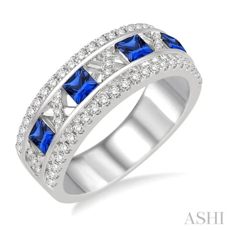 Custom Ring for Proposal-3x3 MM Princess Cut Sapphire and 3/8 Ctw Round Cut Diamond Ring in 14K White Gold