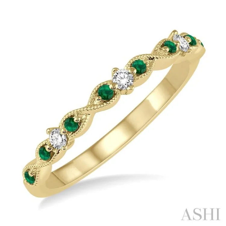 Matching Wedding Rings for Couples-1/10 Ctw Round Cut Diamond and 1.25mm Emerald Precious Wedding Band in 14K Yellow Gold