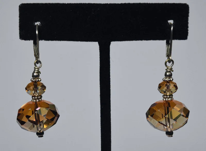 Bright Earrings for Daytime Looks-Faceted Iridescent Amber Glass Bead Sterling Silver Earrings