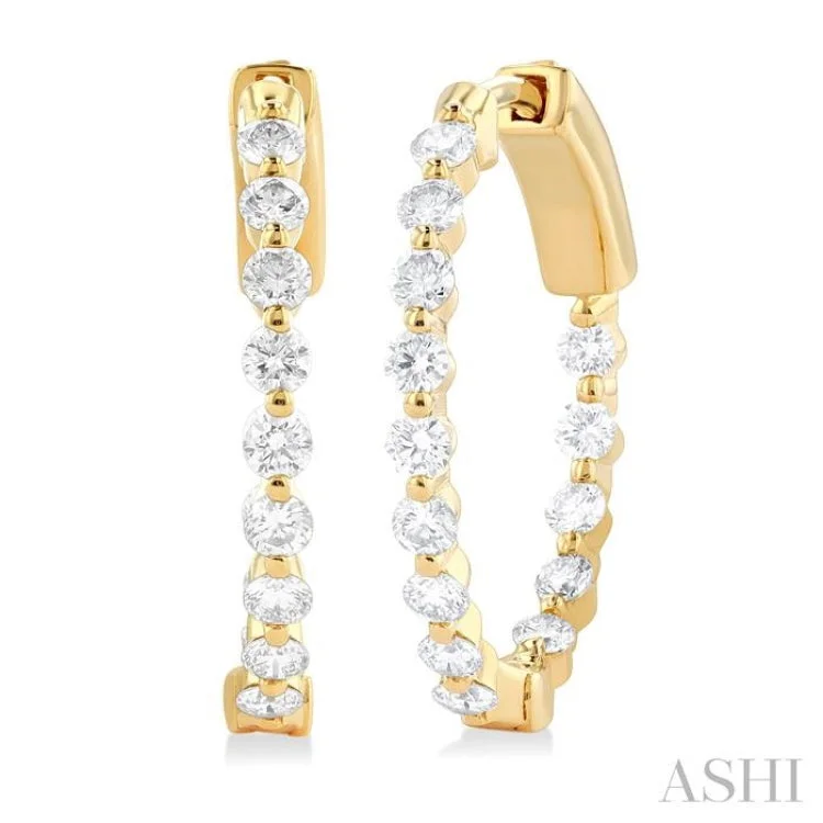 Gold Earrings for Evening Events-1 Ctw Inside-Out Single Prong Set Round Cut Diamond Hoop Earrings in 14K Yellow Gold