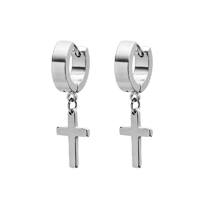 Handmade Earrings for Gifts-Stainless Steel Men's Earrings - Cross Huggies