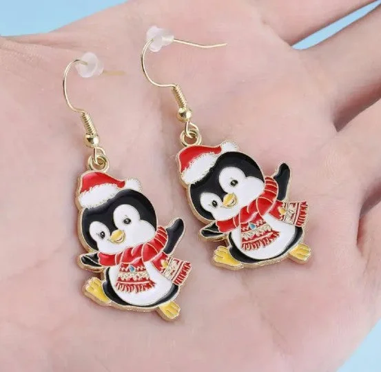 Handmade Earrings for Gift Ideas-Santa Penguin Dangle Earrings (3/4" Tall)