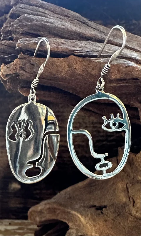 Funky Earrings for Casual Styles-TWO FACED Mexican Sterling Silver Face Earrings