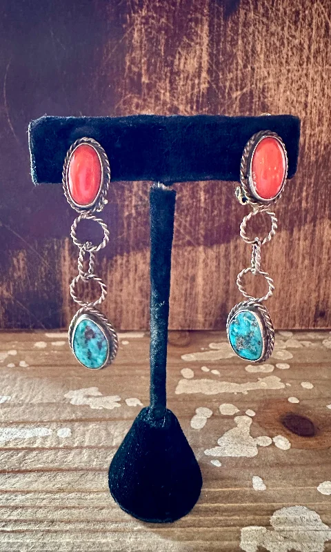 Stunning Drop Earrings for Weddings-VINTAGE TURQUOISE and CORAL Clip On Silver Earrings • 10g