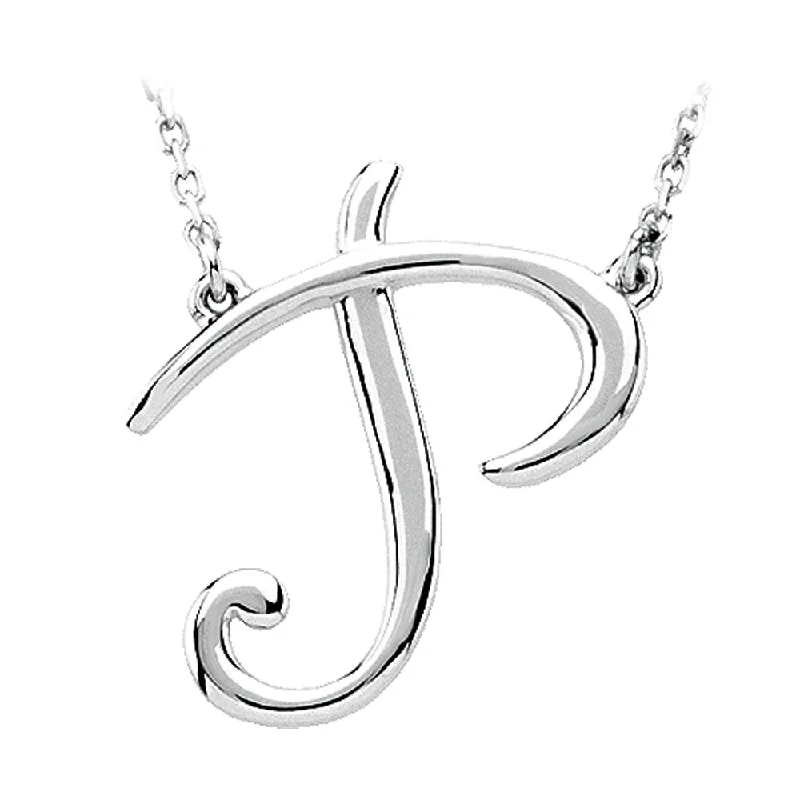 Handmade Necklace for Special Occasions-14k White Gold, Olivia Collection, Medium Script Initial P Necklace