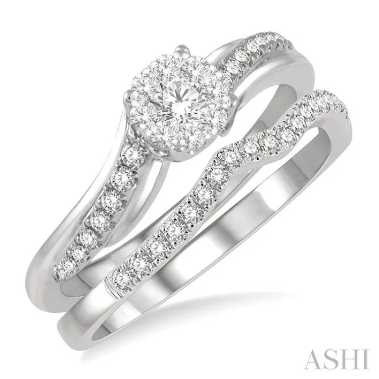 Unique Gold Ring for Fashionistas-1/2 ctw Lovebright Diamond Wedding Set With 1/3 ctw Circular Mount Bypass Engagement Ring and 1/6 ctw Chevron Wedding Band in 14K White Gold