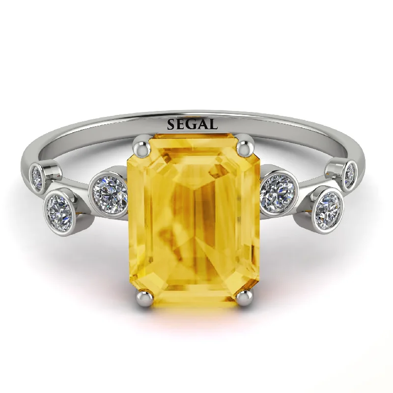 Engagement Ring with Diamonds and Sapphire-Emerald Cut Citrine Ring With Bezel - Alina No. 603