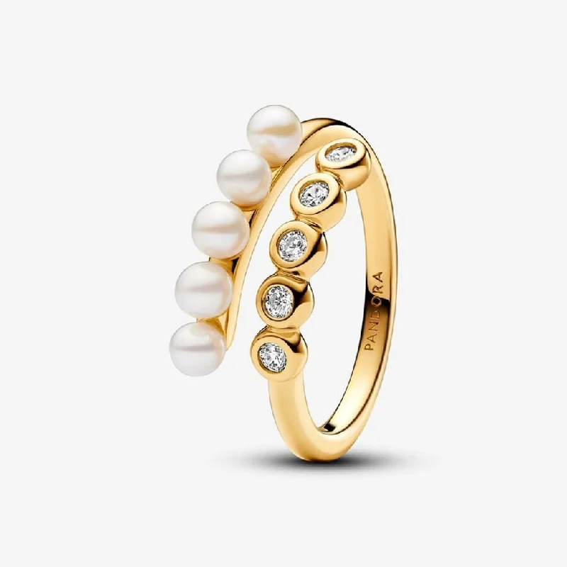 Wedding Ring Set with Matching Bands-PANDORA : Treated Freshwater Cultured Pearls & Stones Open Ring - Gold