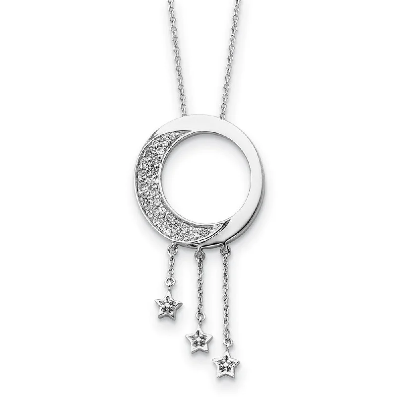 Simple Pendant Necklace for Casual Wear-Rhodium Plated Sterling Silver & CZ Moon and Stars Necklace, 18 Inch