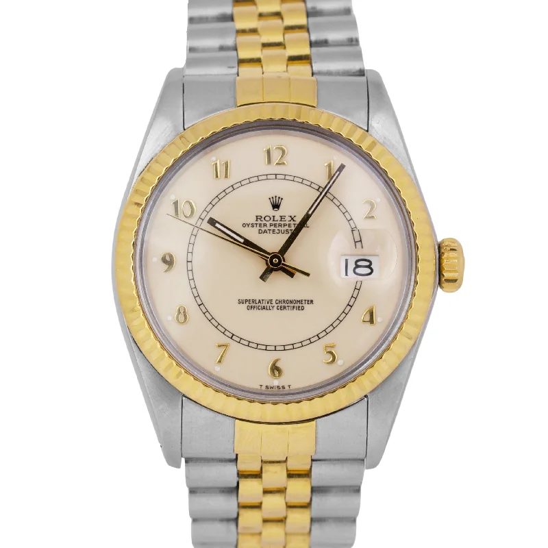 Classic Watches with Simple Design-Rolex DateJust 36mm CREAM BOILER GAUGE 18K Yellow Gold Steel JUBILEE 16013