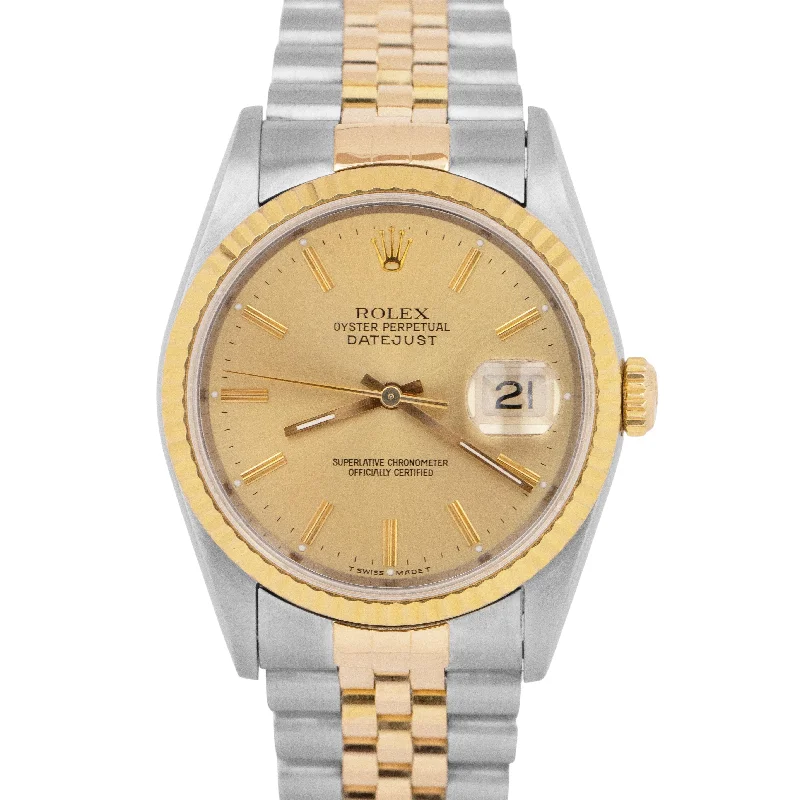 Luxury Watches with Diamond Markers-Rolex DateJust 36mm Champagne Dial NO-HOLES Two-Tone Steel 18K Gold Watch 16233