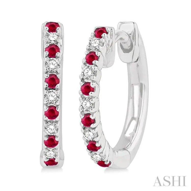 Personalized Earrings for Gifts-1/10 ctw Petite 1.35MM Ruby and Round Cut Diamond Precious Fashion Huggies in 10K White Gold