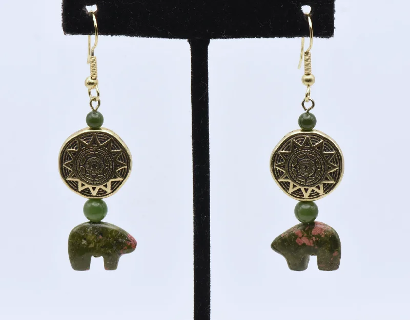 Statement Earrings for Special Occasions-Carved Unakite Bears and Jade Dangle Earrings