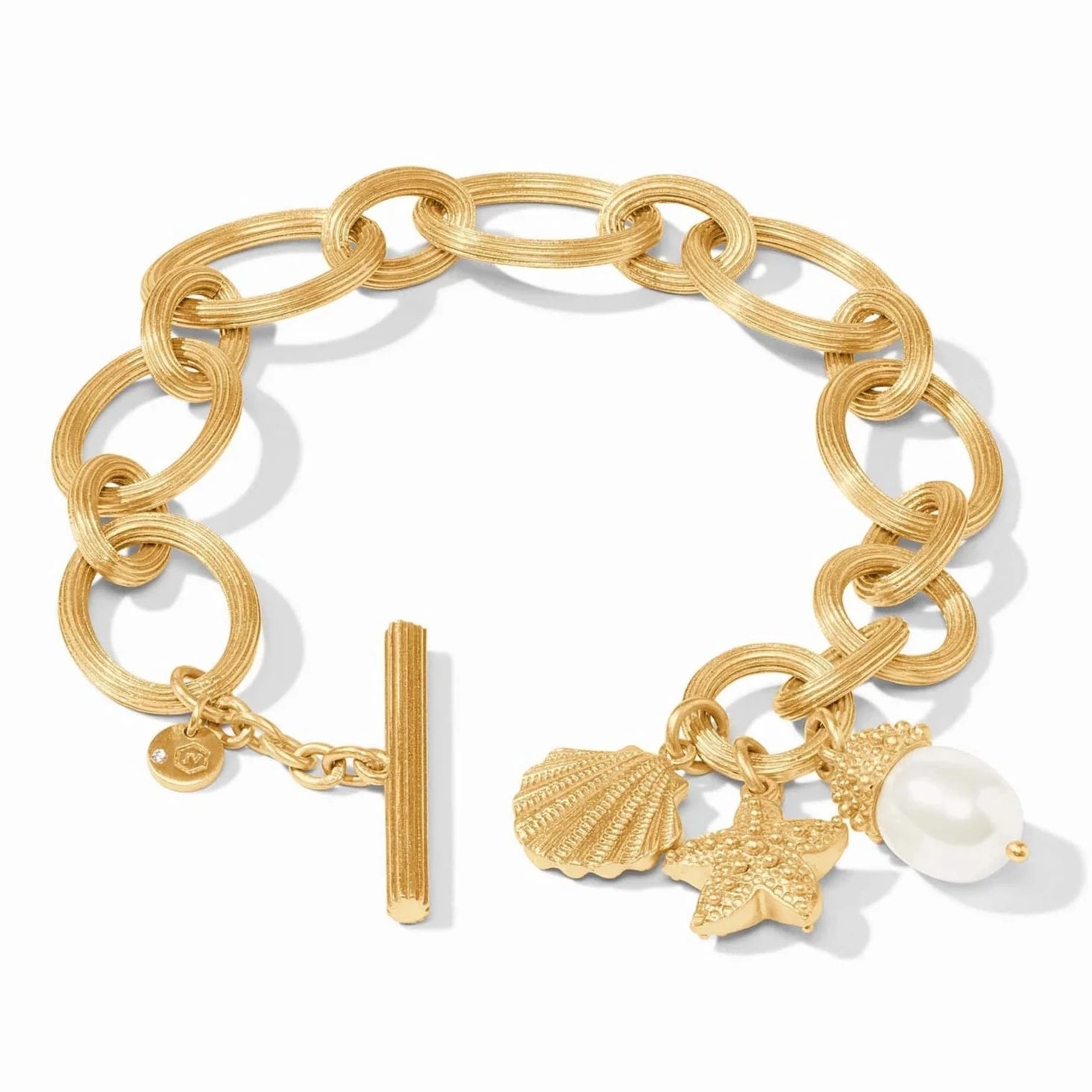 Stackable Gold Bracelets for Trendy Look-Julie Vos 24K Gold Plated Sanibel Charm Link Bracelet with Shell Pearl