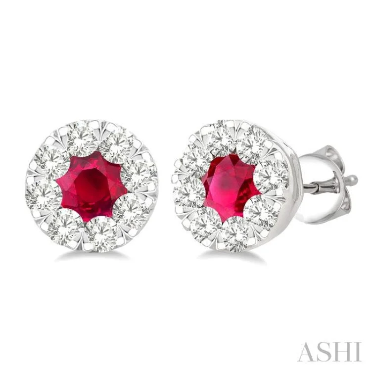 Timeless Gold Earrings for Women-1/2 ctw Lovebright 3.3MM Ruby and Round Cut Diamond Precious Stud Earring in 14K White Gold